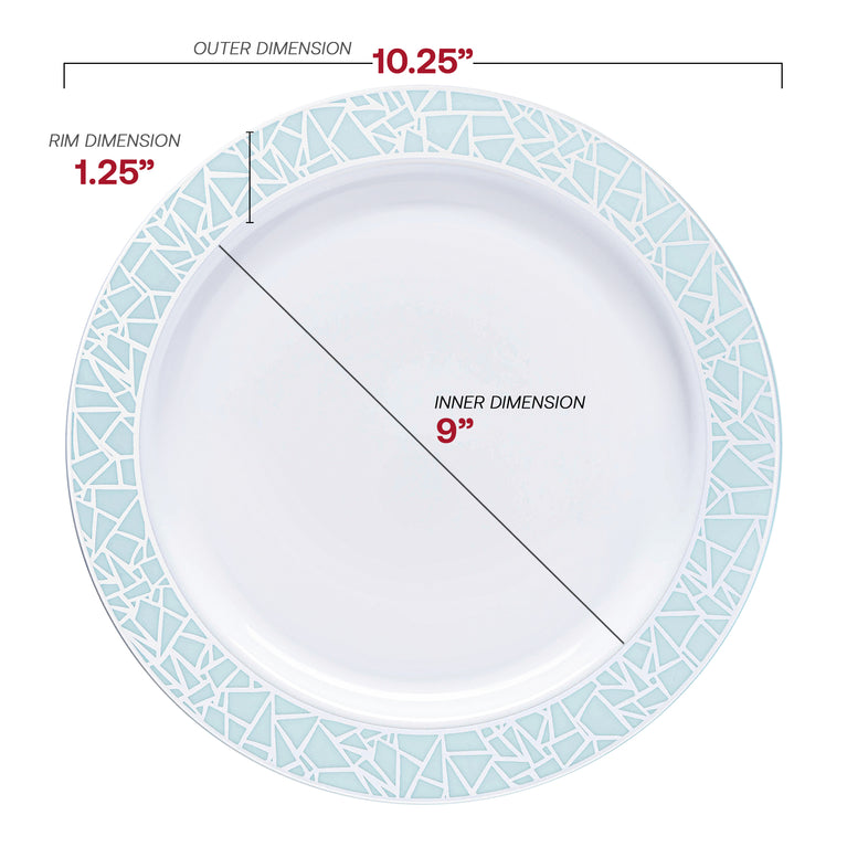 White Plastic Plates with Turquoise Blue & Silver Mosaic Rim