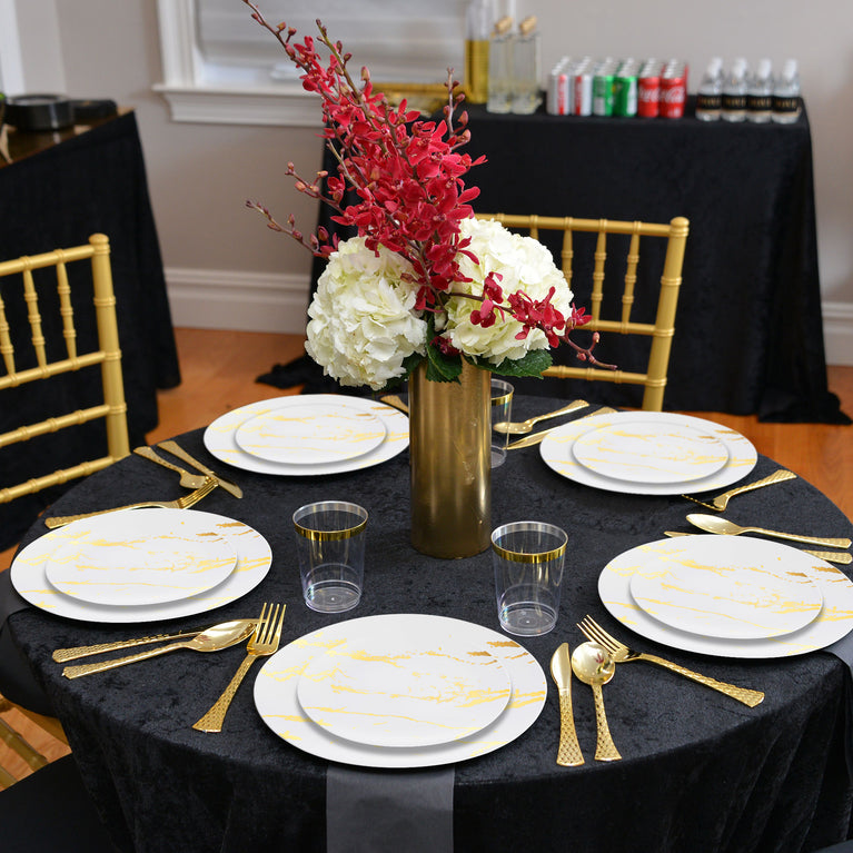 White & Gold Marble Stroke Round Disposable Plastic Plates