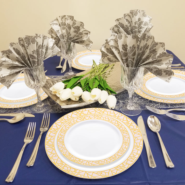 White Plastic Plates with Pink & Gold Mosaic Rim