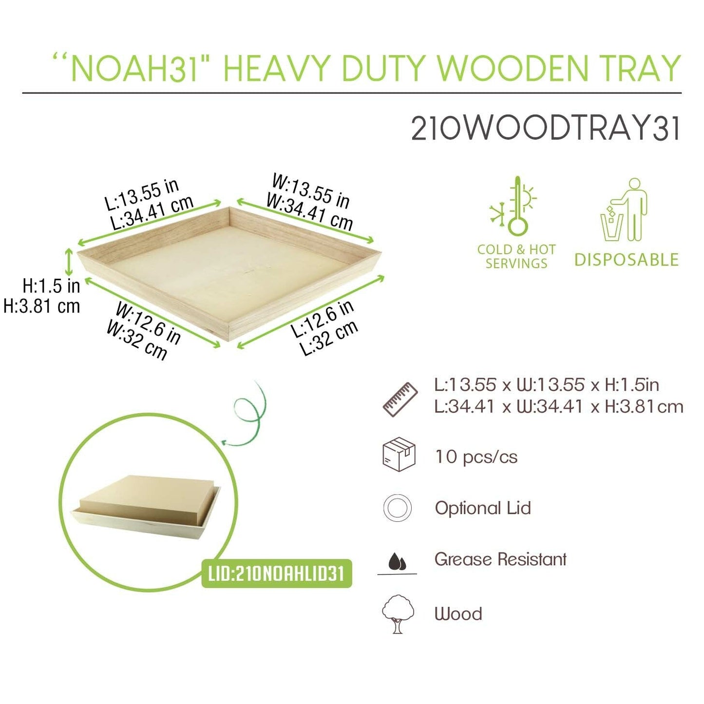 NOAH31 Heavy Duty Wooden Tray - L:13.55 X W:13.55 X H:1.5in 10 Pcs/Cs