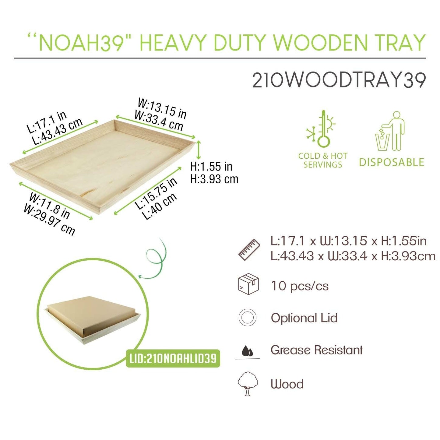 Noah39 Heavy Duty Wooden Tray (Case of 10), PacknWood - Biodegradable Serving Wood Table Trays (17" x 13" x 1.5") 210WOODTRAY39
