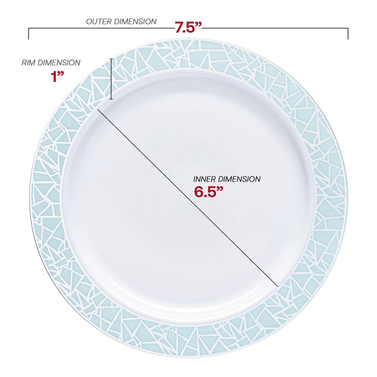 White Plastic Plates with Turquoise Blue & Silver Mosaic Rim