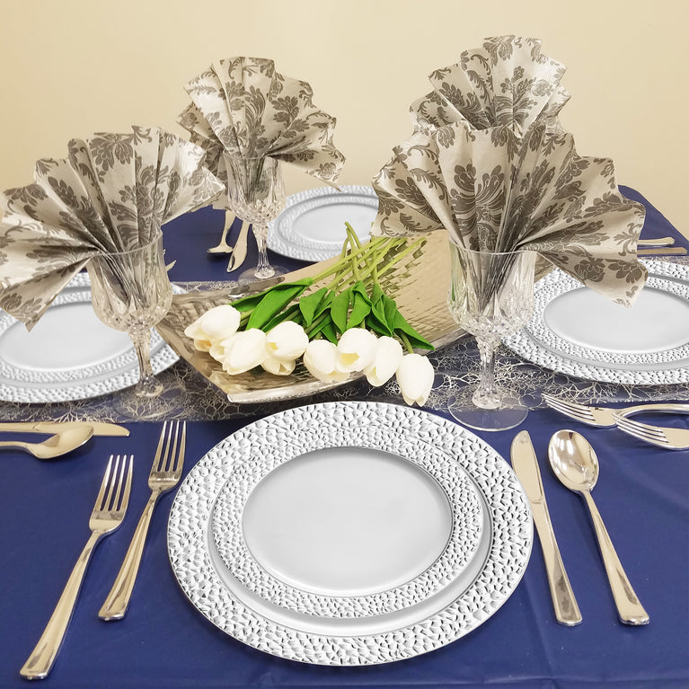 White with Silver Hammered Rim Plastic Plates
