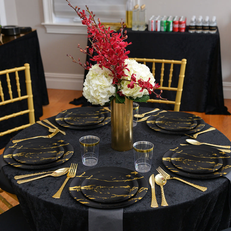 Black & Gold Marble Stroke Round Disposable Plastic Plates