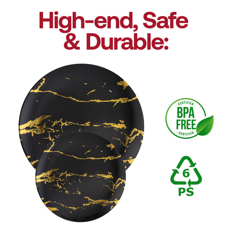Black & Gold Marble Stroke Round Disposable Plastic Plates