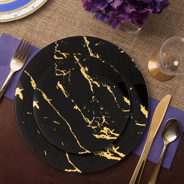Black & Gold Marble Stroke Round Disposable Plastic Plates