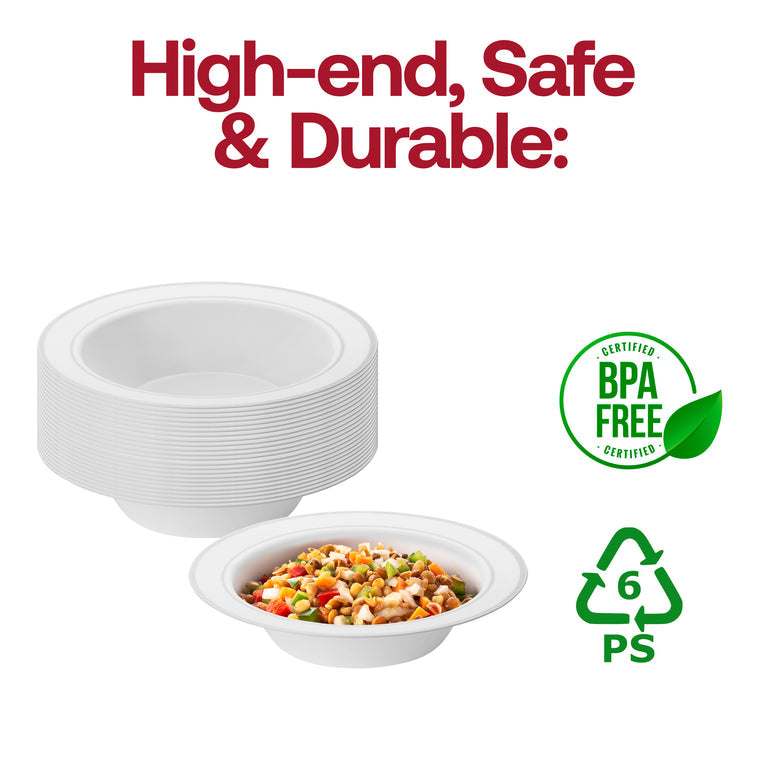 White with Silver Rim Plastic Soup Bowls – 12 oz
