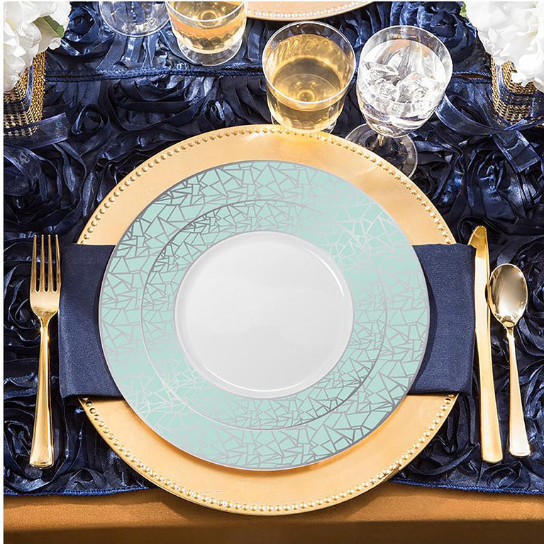 White Plastic Plates with Turquoise Blue & Silver Mosaic Rim