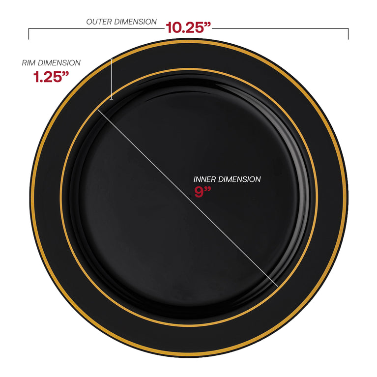 Black Plastic Dinner Plates with Gold Rim – 10.25"