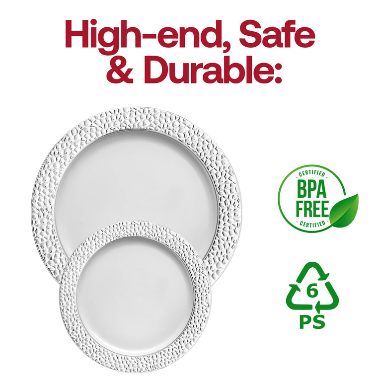 White with Silver Hammered Rim Plastic Plates