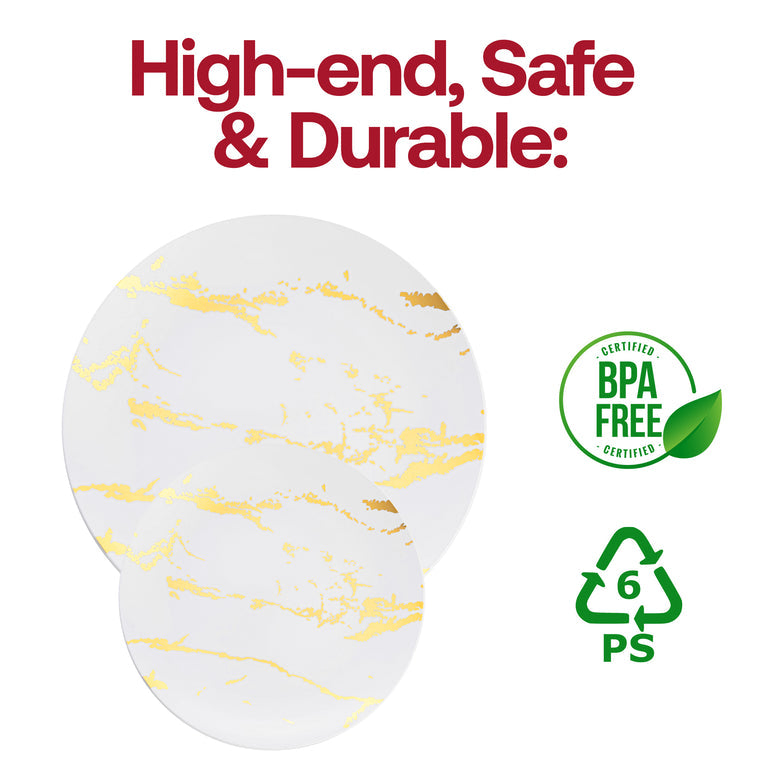 White & Gold Marble Stroke Round Disposable Plastic Plates