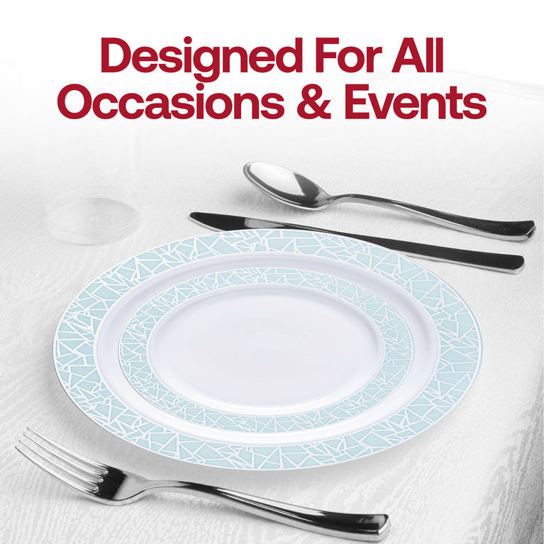 White Plastic Plates with Turquoise Blue & Silver Mosaic Rim