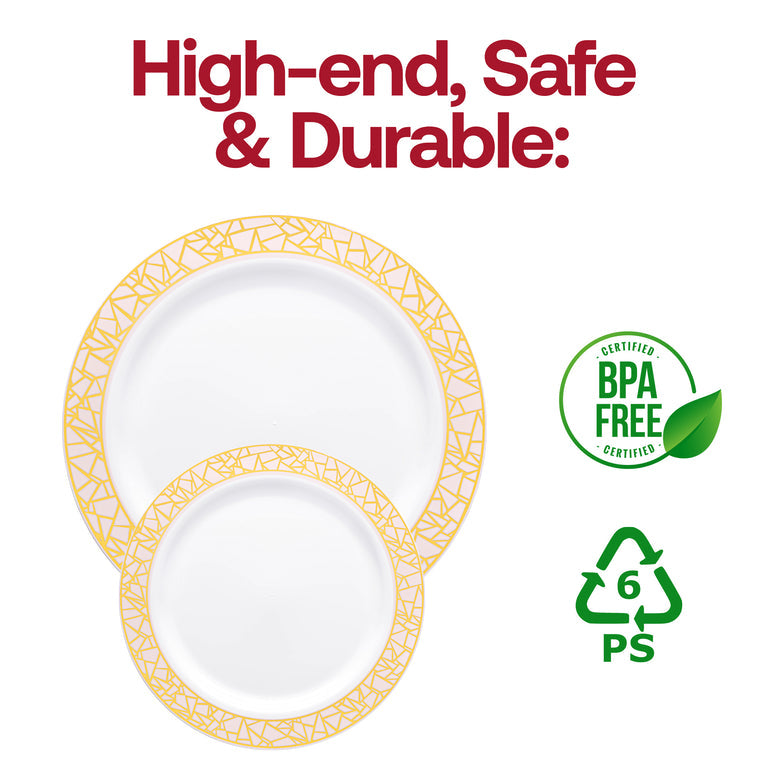 White Plastic Plates with Pink & Gold Mosaic Rim