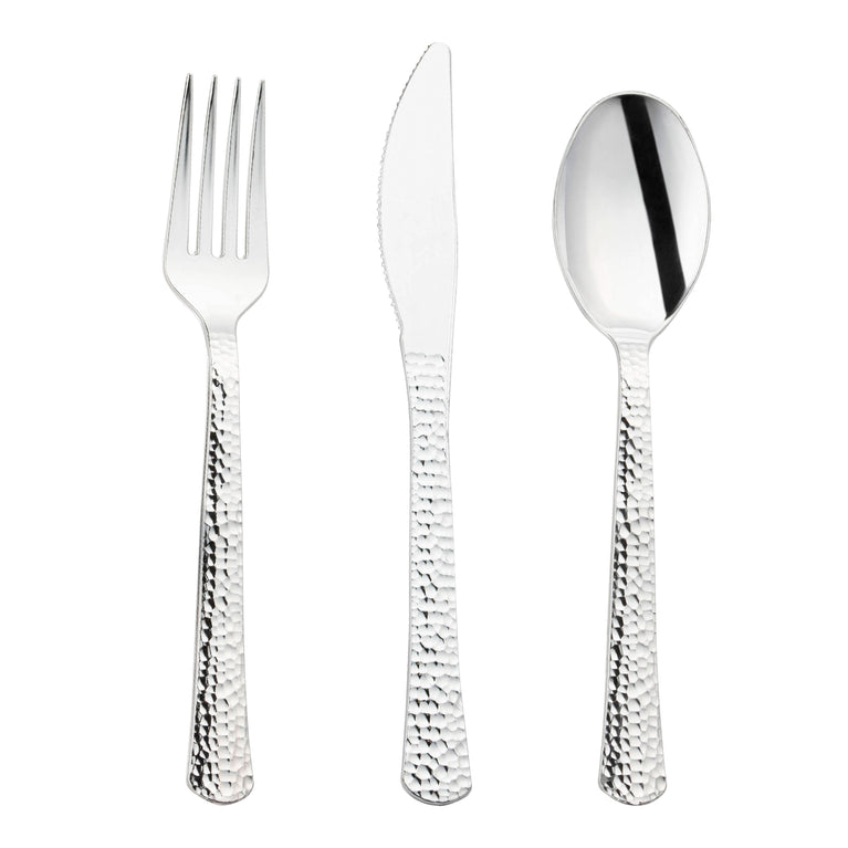 Silver Hammered Design Disposable Plastic Cutlery