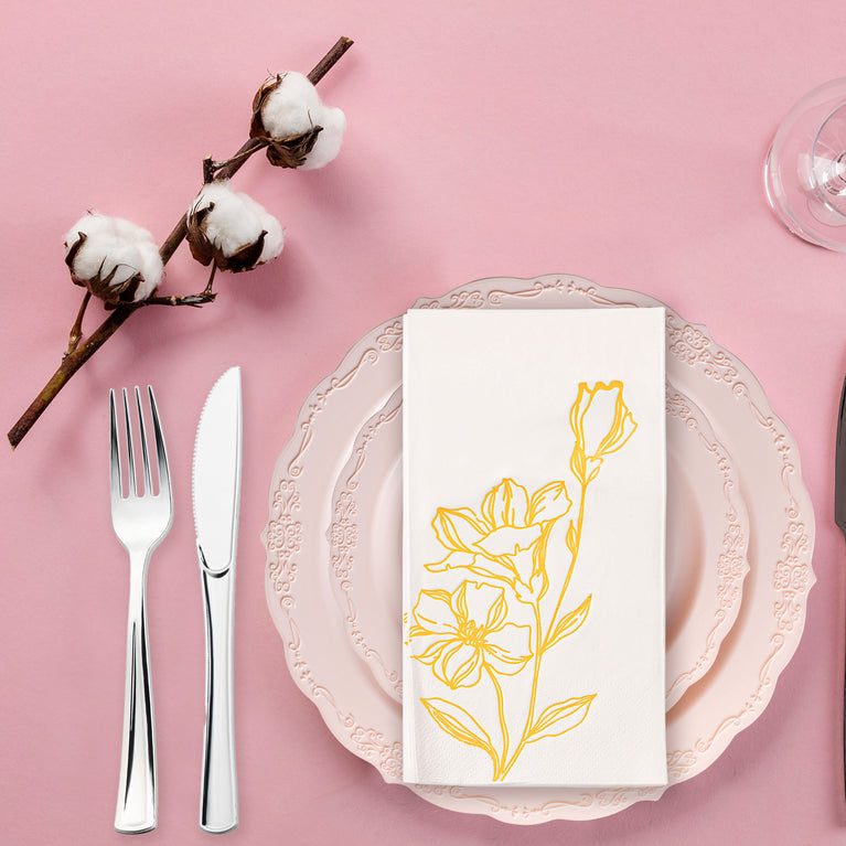 White with Gold Antique Floral Paper Dinner Napkins