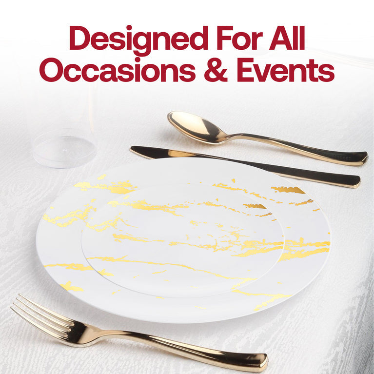White & Gold Marble Stroke Round Disposable Plastic Plates
