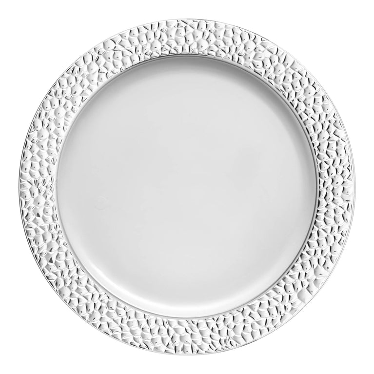 White with Silver Hammered Rim Plastic Plates