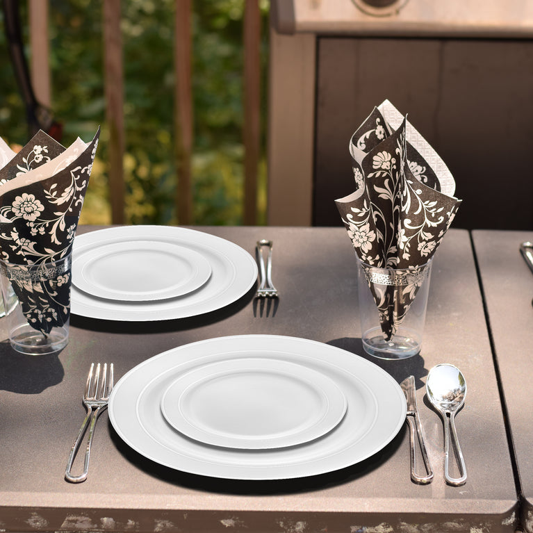 White Plastic Buffet Plates with Silver Rim – 9"