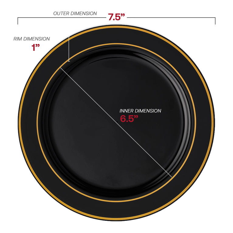 Black Plastic Appetizer/Salad Plates with Gold Rim – 7.5"