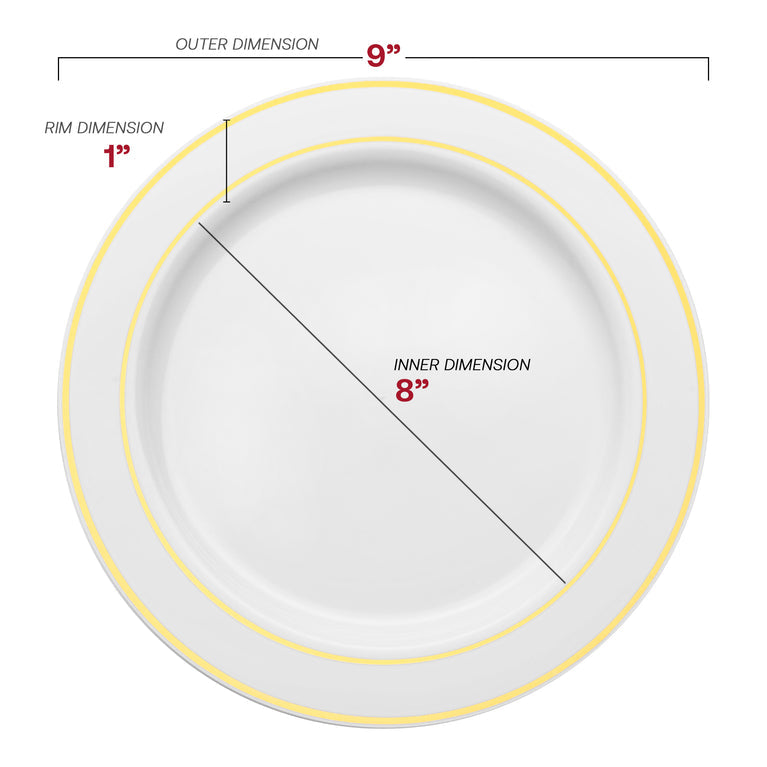 White Plastic Buffet Plates with Gold Rim – 9"