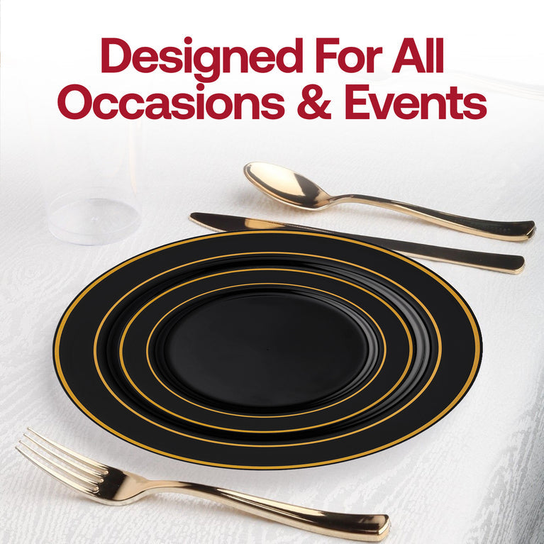 Black Plastic Appetizer/Salad Plates with Gold Rim – 7.5"