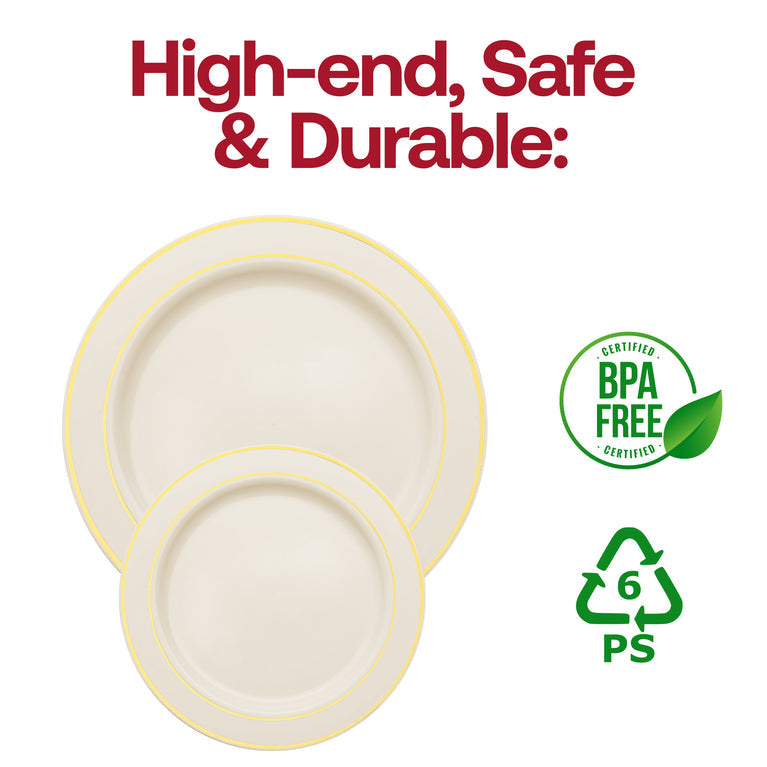 Ivory Plastic Plates with Gold Rim
