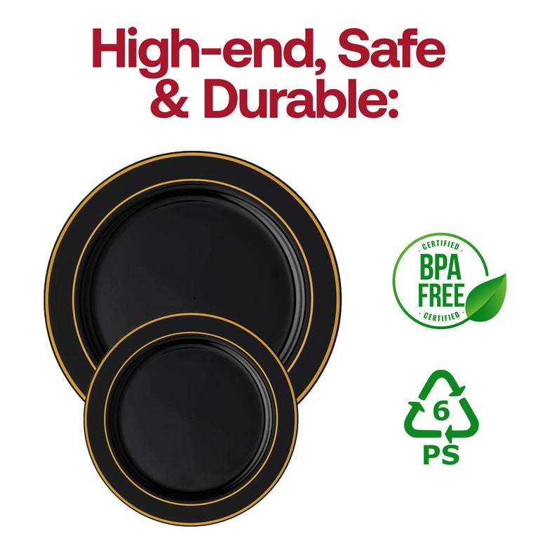 Black Plastic Appetizer/Salad Plates with Gold Rim – 7.5"
