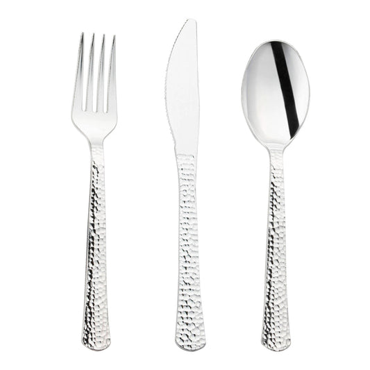 Silver Hammered Design Disposable Plastic Cutlery