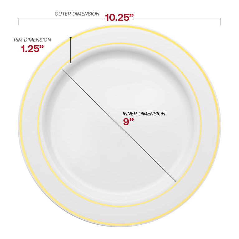 White Plastic Dinner Plates with Gold Rim – 10.25"