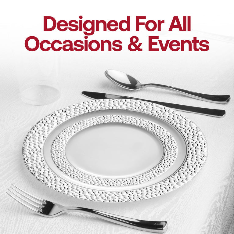 White with Silver Hammered Rim Plastic Plates