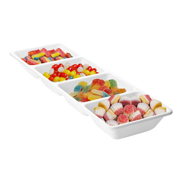16″ × 5″ White 4-Section Rectangular Disposable Plastic Trays