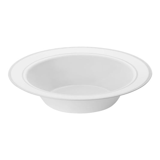 White with Silver Rim Plastic Soup Bowls – 12 oz
