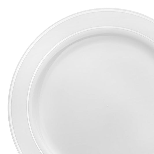 White Plastic Buffet Plates with Silver Rim – 9"