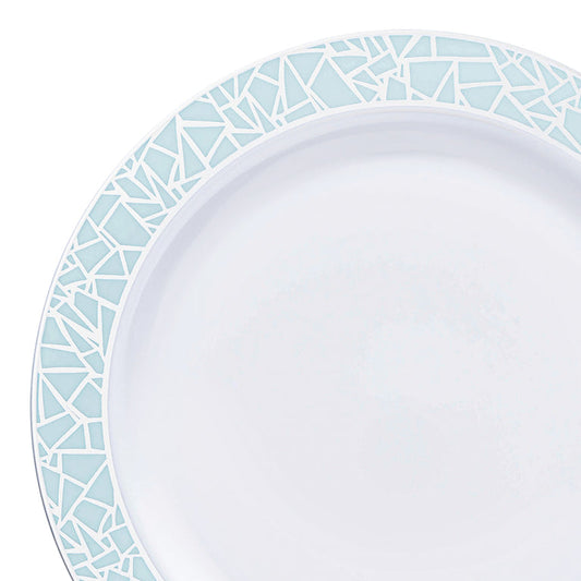 White Plastic Plates with Turquoise Blue & Silver Mosaic Rim