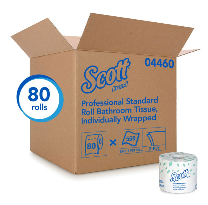 Scott® Professional Standard Roll Toilet Paper (04460), with Elevated Design, 2-Ply, White, Individually wrapped, (550 Sheets/Roll, 80 Rolls/Case, 44,000 Sheets/Case)