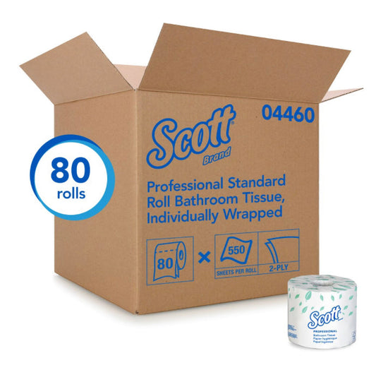 Scott® Professional Standard Roll Toilet Paper (04460), with Elevated Design, 2-Ply, White, Individually wrapped, (550 Sheets/Roll, 80 Rolls/Case, 44,000 Sheets/Case)